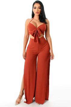 Two piece pants set Hollow out wide leg stretch jumpsuit Chic Solid Two-piece Pant Set, Casual Sleeveless Two-piece Jumpsuit, Casual Solid Two-piece Jumpsuits And Rompers, Casual Two-piece Jumpsuit, Summer Solid Two-piece Pants Set, Solid Color Two-piece Summer Pants, Wide Leg Stretch Pant Set, Stretch Wide Leg Pant Set, Solid Color Stretch Wide Leg Pant Set