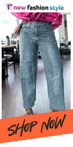 Casual Beading High Waist Regular Distressed Denim Wide Leg Jeans Denim Style Casual, Denim Wide Leg, Jeans Online, Wide Leg Denim, Looks Style, Wholesale Fashion, Casual Jeans, Denim Fashion, Wide Leg Jeans