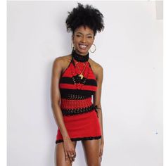 Handmade crochet/knit red and black high neck mini dress. 100% soft acrylic. Spring Turtleneck Mini Dress For Night Out, Chic Fitted Halter Neck Crochet Dress, Chic Stretch Crochet Mini Dress, Chic Crochet Mini Dress For Night Out, Chic Crochet Mini Dress, Fitted Crochet Dress For Night Out, Spring Party Turtleneck Mini Dress, Black Fitted Crochet Mini Dress, Black Fitted Mini Crochet Dress