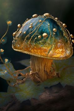 a blue and yellow mushroom sitting on top of a leaf