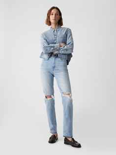 Fit: Hugs your hips, holds you in & ends with a straight leg that hits at the ankle.  This jean is snug.  Size up for a looser fit.  Fabric: 94% Cotton, 5% Recycled Materials, 1% Stretch.  Stretch: Low Stretch Jeans.  Feels like vintage denim with a hint of stretch.  Snug at first & holds you in, but forms to your shape. ​ Rise: High Rise Jeans.  Look: A distressed five-pocket jean in a medium wash.  Details: Zip fly & five-pocket styling.  Responsibly Made: This pair of jeans is part of our wat Early 2000s Trends, Y2k Fall, Jeans Look, Ankle Length Jeans, Trending Fashion Outfits, Water Saving, Baddie Makeup, Jeans Online, Trend Fashion