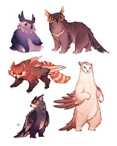 four different types of animals with one owl, the other an owl and two raccoons