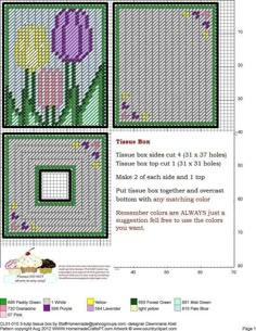 the cross stitch pattern is shown with three squares and two flowers on each side, one has