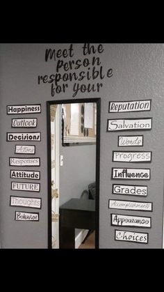 a mirror that has some writing on it and is in front of a wall with words written