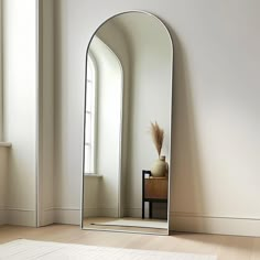 a large mirror sitting on top of a wooden floor next to a vase with a plant in it