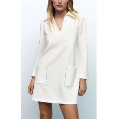 New With Tags Size: S Silver Studs Gorgeous Work Dress For Summer Never Worn White V Neck Long Sleeve, Spaghetti Strap Summer Dress, Red Sweater Dress, Satin Long Sleeve, Slim Fit Dress, Houndstooth Dress, Black White Dress, Slim Fit Dresses, Zara White