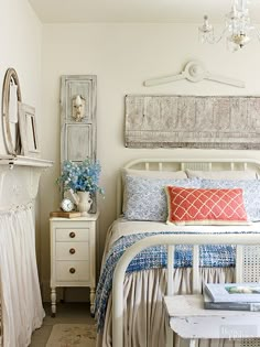 two pictures of a bedroom with white furniture and blue accents on the walls, along with an image of a bed