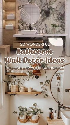 the bathroom is decorated in white and has plants on the shelves above the toilet, with text overlay that reads 20 wonderful bathroom wall decor ideas to light up your bathroom