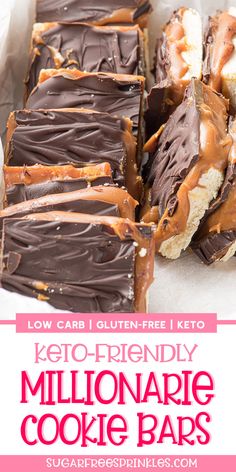 keto - friendly chocolate cookie bars with caramel drizzle on top and text overlay reading low carb gluten - free keto