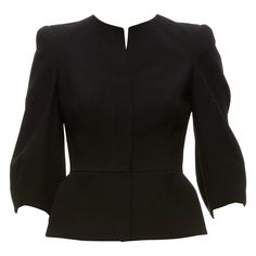 ALEXANDER MCQUEEN black 100% wool cropped sleeve peplum jacket IT38 XS Reference: EALU/A00015 Brand: Alexander McQueen Material: Wool Color: Black Pattern: Solid Closure: Button Lining: Black Fabric Extra Details: Peplum back. Made in: Italy CONDITION: Condition: Excellent, this item was pre-owned and is in excellent condition. This item is in excellent condition and ready to be loved. Comes with: Style code present (Generic) SIZING Designer size: IT38 Size reference: US0 / UK6 / IT38 / FR34 / XXS-XS MEASUREMENTS: Shoulder to shoulder: 35cm / 13.7" Chest: 39cm / 15.2" Waist: 32cm / 12.5" Length: 54cm / 21.1" Sleeve length: 42cm / 16.4" This Alexander McQueen item is authentic. Alexander Mcqueen Blazer, Corporate America, Hogwarts Dr, Peplum Jacket, Luxury Clothes, Current Fashion, Pretty Clothes, My Clothes, Black Pattern