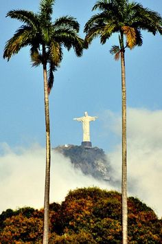 three palm trees with the statue of christ in the background on a hill covered by clouds