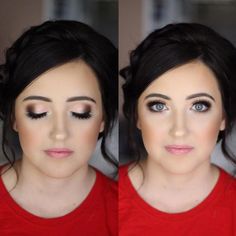 two pictures of a woman with dark hair and blue eyes, one is wearing red