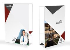 two brochures with an image of a man in a suit and tie on them