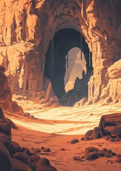 there is a cave in the desert with rocks and sand on the ground below it