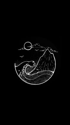 a black and white drawing of a wave in the ocean with a moon above it