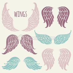 wings with different shapes and colors on a white background, set of four images in pastel