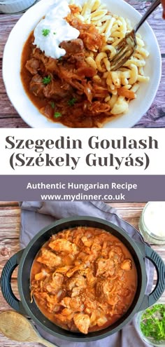 A plate with szegedin goulash with spaetzle on a wooden background. On top of the goulash there is a dollop of sour cream. At the bottom there is a saucepan fill of goulash on a blue kitchen towel. Czech Sauerkraut Recipe, Pork And Sauerkraut Recipe, Pork Goulash, Pork Stew Meat, Pork And Sauerkraut, Hungarian Paprika, Hungarian Cuisine