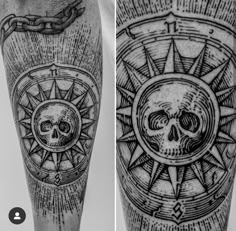 two different tattoos on the legs of men with skulls and sunflowers in them