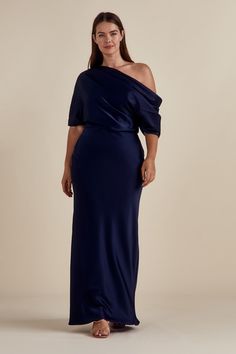 Fluid Satin off-one-shoulder draped bodice gown with bias column skirt. Shown in Navy and Jade. Dark Blue Satin Dress, Me And Your Mama, Amsale Dress, Warm Wedding, Blue Satin Dress, Mob Dress, Draped Bodice, Box Pleat Skirt, Column Skirt