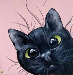 a painting of a black cat with yellow eyes