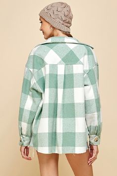 Lime N Chili OttCute trending shacket shirt plaid jacket coat with chest pockets and buttons. Oversize loose fit. Button up. Banded cuffs. Heavyweight and flannel lined. Keep warm. So Cute! Color: Sage/Ivory, Lining Green Polyester soft flannel Sizes: S/M M/L Pit to pit S/M 24, Length 26" Pit to pit M/L 25, Length 27 100% Polyester, Lining Polyester hand wash cold, line dry, imported E5-4/M0955 Fall Flannel Outerwear With Snap Buttons, Spring Plaid Flannel Shirt With Buttons, Plaid Collared Shacket With Snap Buttons, Collared Plaid Shacket With Snap Buttons, Trendy Plaid Cotton Outerwear, Oversized Plaid Flannel Shirt With Pockets, Green Flannel Shirt For Workwear And Fall, Casual Fall Flannel Shirt With Button Cuffs, Spring Oversized Shacket With Button Cuffs