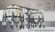 two large metal tanks sitting next to each other on top of a white and gray background