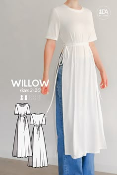 A captivating layering piece, this Willow T-shirt style dress adds that needed bit of elegant complexity and comfortable intricacy to an outfit that nothing else does quite in the same way. A perfectly fitting t-shirt bodice delicately flows into midi-length panels which are slit at the sides, and gathered up at the waist with extra long ties, giving the illusion of a beautiful top and dress all at once ⛅️ WILLOW T-Shirt Dress PDF Digital Sewing Pattern for Women Sizes 2-20 After your purchase y Shirt Dress Pattern, Sewing Projects Clothes, Diy Vetement, Shirt Dress Style, Clothes Sewing, Diy Sewing Clothes, Clothes Sewing Patterns, Dress Sewing Patterns, T Shirt Style