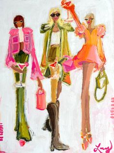 two women in pink and green are standing next to each other, one is holding shopping bags