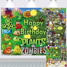 an image of happy birthday plants and zombies wallpaper mural decal set in the living room