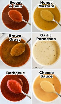 six different types of sauces with spoons in each bowl and on the other side