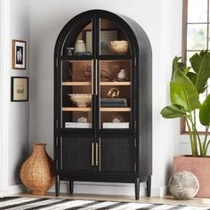 a black cabinet sitting in the corner of a room next to a potted plant