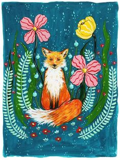 a painting of a fox sitting in the middle of flowers and leaves on a blue background