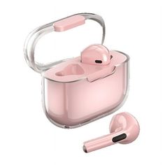 an airpods is attached to the side of a pink case with earbuds