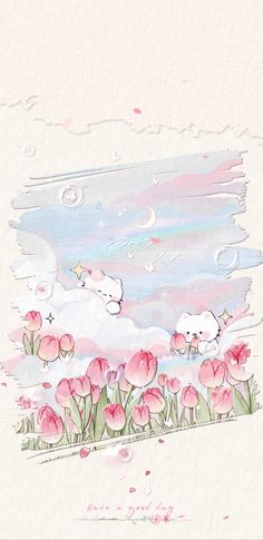 watercolor painting of pink flowers with clouds in the background