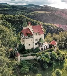 an aerial view of a castle surrounded by trees