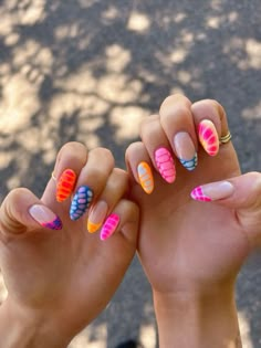 Funky Nail Art Trendy Summer, Rush Nails Sorority, Funky Beach Nails, Summer Funky Nails, Mismatch Nail Designs, Groovy One Nails, Florida Nails Designs, Europe Summer Nails