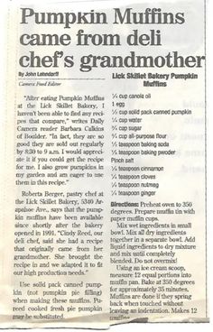 a newspaper article about pumpkin muffins came from deli chefs grandmother