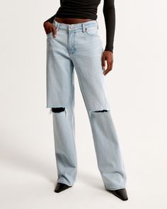 Women's Low Rise Baggy Jean | Women's Bottoms | Abercrombie.com 2000s Fashion Aesthetic, Mob Boss, Low Rise Baggy Jeans, Baggy Jean, Sequin Jumpsuit, Jeans Low Rise, Abercrombie And Fitch Jeans, Size 28 Jeans, Raw Hem Jeans