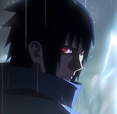 an anime character with red eyes staring at something in the distance and lightning behind him