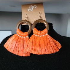 Cute Wood And Orange Rafia Earrings By Plunder. Perfect For A Tropical Statement Earings. Wore My Personal Pair On Vacation And Got Many Compliments Multiples Available For Subscription Box Or Bridesmaids Gifts Orange Earrings For Beach With Pierced Ears, Orange Earrings For Beach, Orange Drop Earrings For The Beach, Orange Drop Earrings For Beach, Orange Summer Earrings For Vacation, Orange Tassel Drop Earrings For Gift, Orange Tassel Drop Earrings As Gift, Orange Tassel Drop Earrings, Orange Dangle Earrings For The Beach