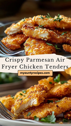 crispy parmesan air fryer chicken tenders on a plate with fork