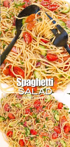 a white plate topped with pasta and veggies next to a black serving spoon