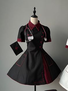 Full set includes a dress, a nurse hat, a stethoscope, a pair of gloves and a blank name tag.  This enchanting ensemble features a striking cross embroidery on the collar, complemented by heart beat embroidery on the bodice and skirt hem, adding a pulse of life to its gothic allure. The pleated hem design enhances the dress's playful silhouette, while functional pockets on both sides provide convenience without sacrificing style. The back is equipped with an adjustable lace-up, allowing you to t Fantasy Nurse Outfit, Vampire Nurse, Red Halloween Costume, Nurse Halloween Costume, Punk Pastel, Nurse Outfit, Punk Tops, Red Halloween, Punk Skirt