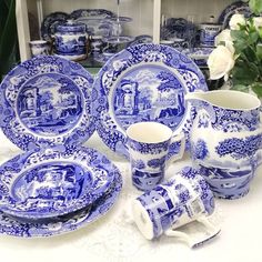 a blue and white china set with roses in the background