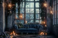 a couch sitting in front of a window filled with lots of flowers and lit candles