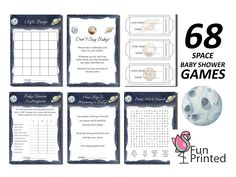 six space themed baby shower games with the text,'66 space baby shower games '