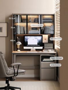 an office with desk, chair and bookcases labeled in the words above it