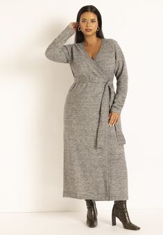 Close fitUnlinedFunctional wrap with keyhole at side seamLong fitted sleeveMidi lengthBody length on size 18 is 52"Stretch sweater yarnContent: 72% Acrylic Stylish Older Women Over 60, Sweater Wrap Dress, Plus Size Professional, Plus Size Sweater Dress, Wrap Sweater Dress, Sweater Wrap, Plus Size Sweater, Black Sweater Dress, Over 50 Womens Fashion