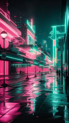 a city street with neon lights and people walking on the sidewalk in the rain at night