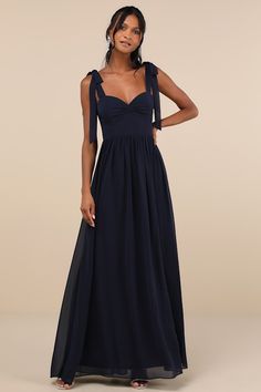 Radiant Charisma Navy Chiffon Ruched Tie-Strap Maxi Dress Navy Blue Prom Dresses Long Flowy, Dark Navy Blue Bridesmaid Dresses, Navy Blue Prom Dresses Long, Formal Navy Dress, Navy Chiffon Dress, Sorority Dresses, Flowy Prom Dresses, Dress With Tie Straps, Cute Formal Dresses